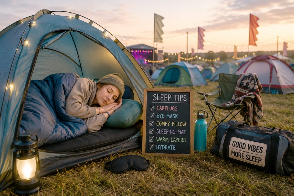 Girl sleeping in her tent at a festival